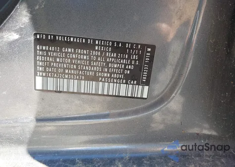 2012 Volkswagen Jetta 2.0L S z USA, uszkodzony, nr VIN 3VW1K7AJ2CM353479